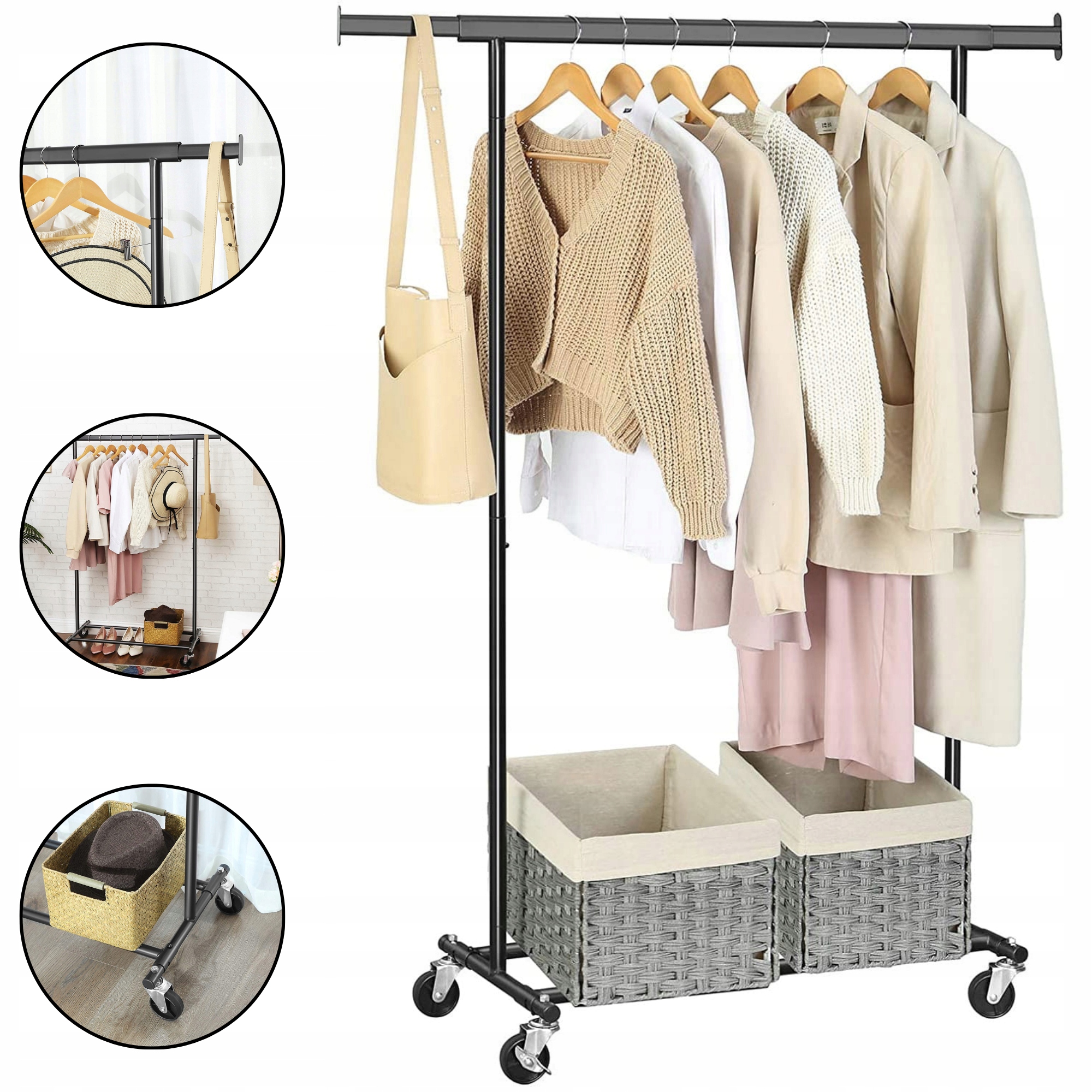 Mobilní stojanový věšák na oblečení Na Kolečkách Nastavitelná Tyč s policí