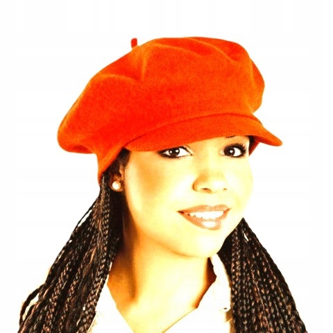 Oranžový Český vlněný baret s kšiltem a dámským kloboučkem Rabionek Pol