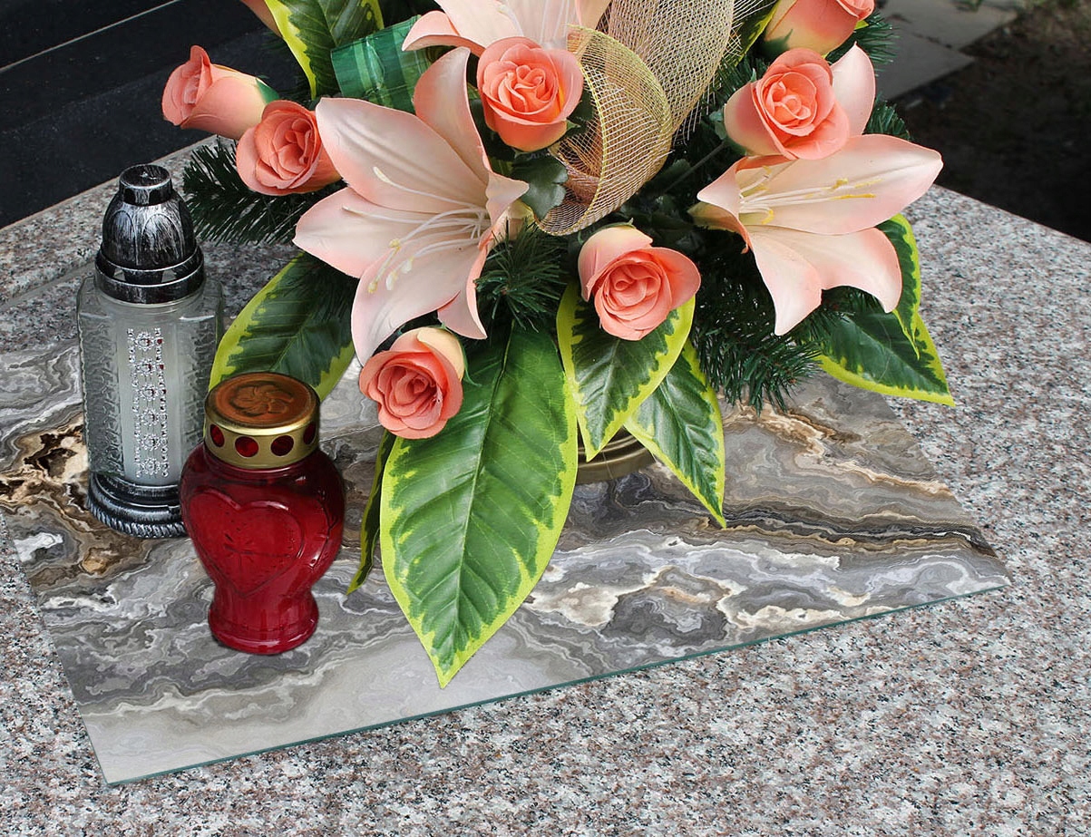 Podstawka na POMNIK Szyba HARTOWANA na ZNICZE KWIATY wzór MARMUR 65x60cm Motyw inny