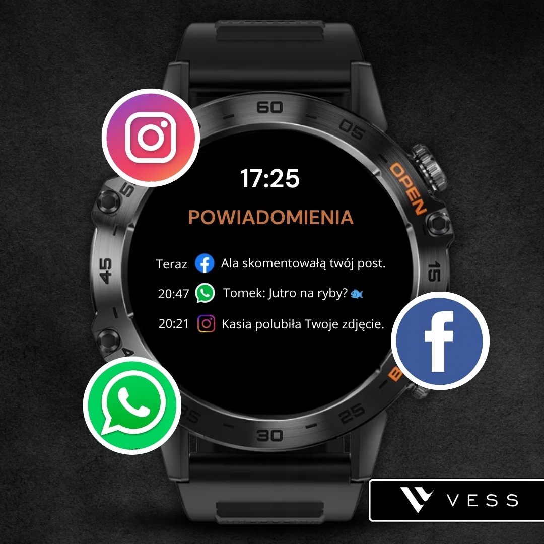 ZEGAREK SMARTWATCH MĘSKI 360x360 ROZMOWY MENU PL WODOODPORNY + GRATIS Materiał paska guma