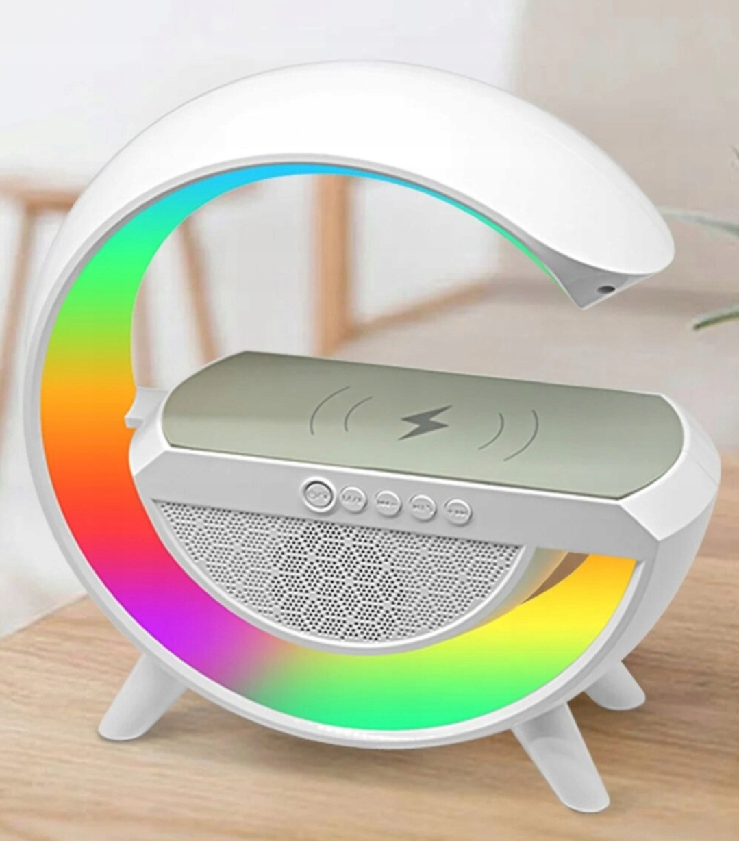 Duża Lampka nocna led wielofunkcyjna z głośnikiem, ładowarką indukcyjną HIT Kolor dominujący biały