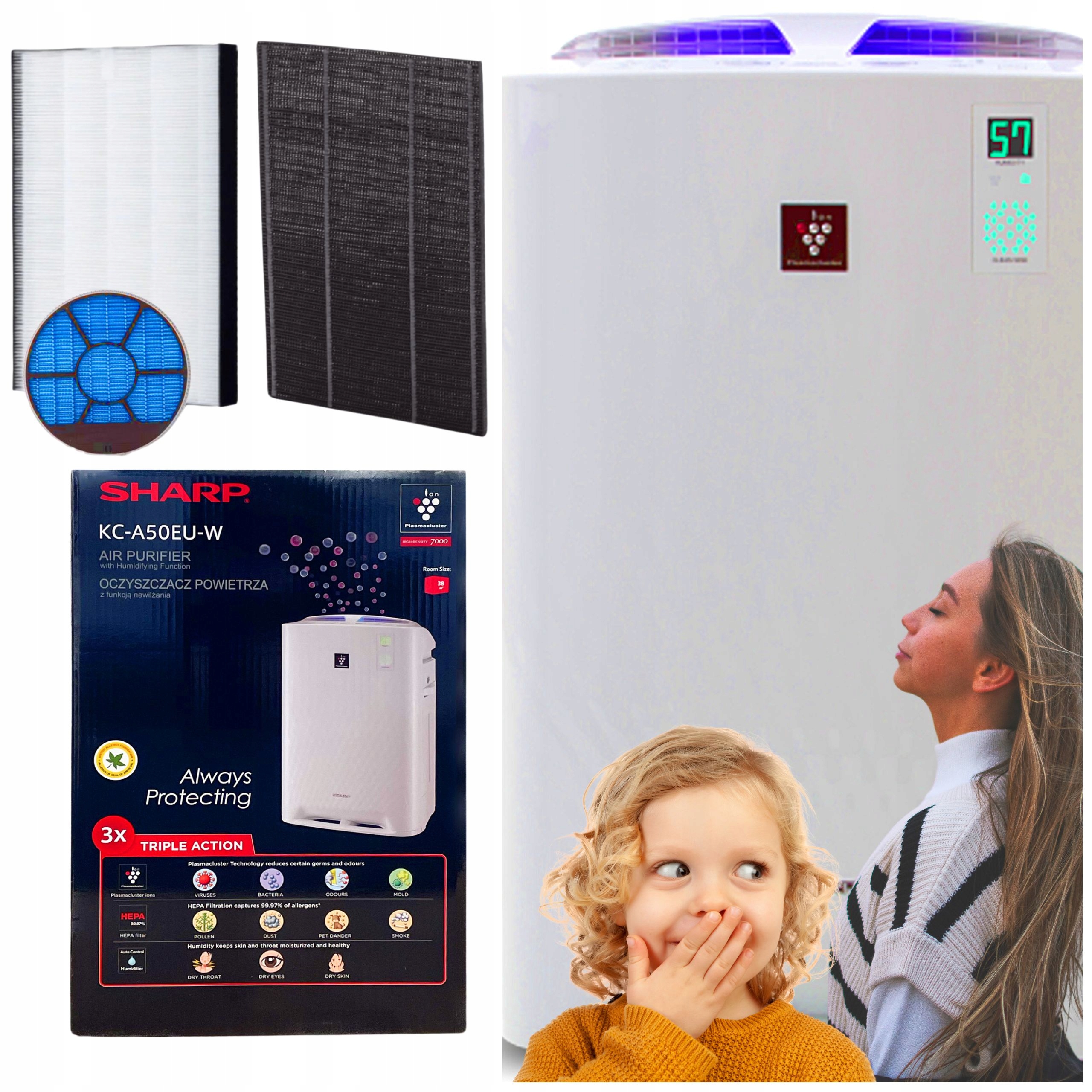 Sharp Výkonný A Tichý Čistič Vzduchu S Zvlhčovačem KC-A50EUW Ionizace