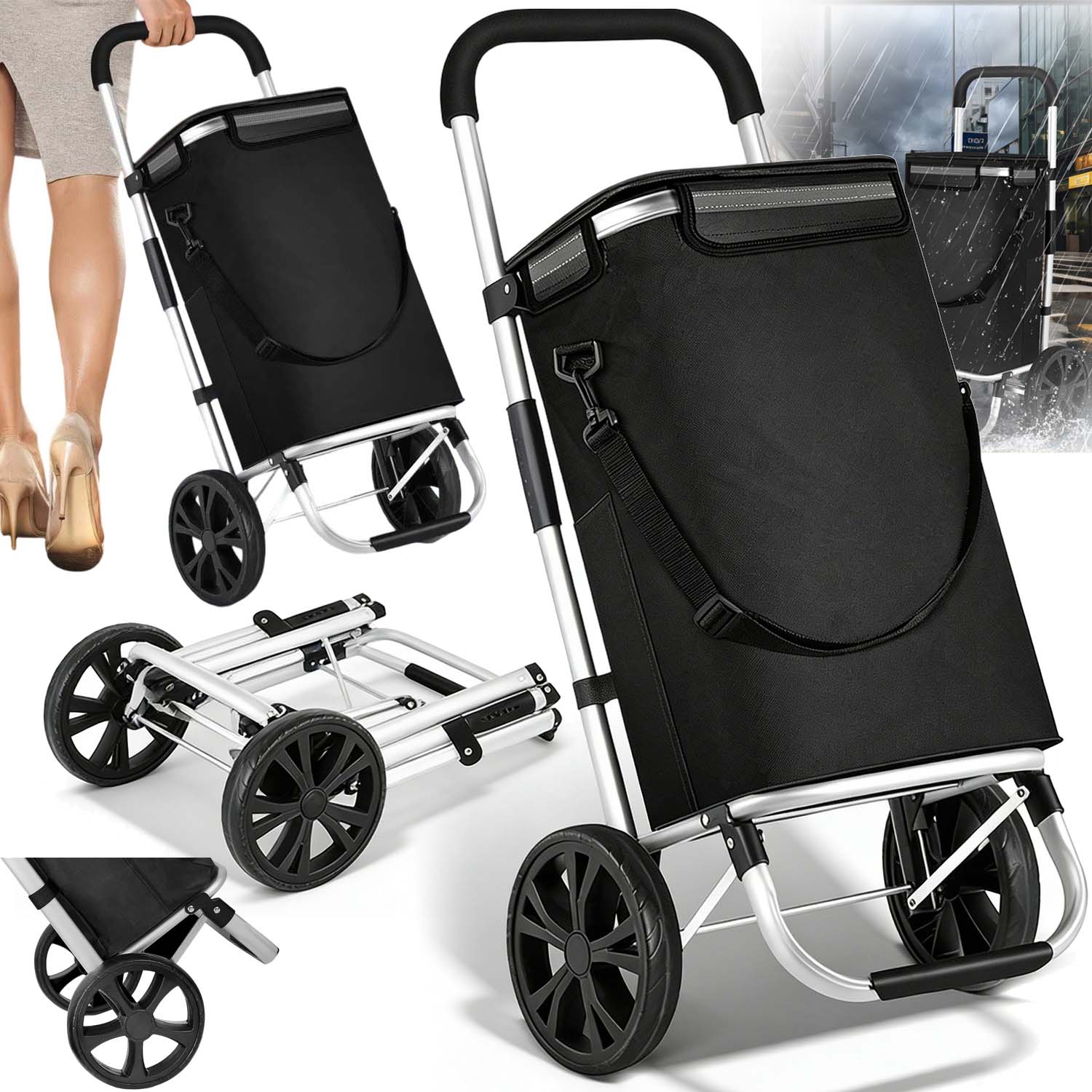 Skládací Nákupní Schodišťový Vozík, Taška 37 L S Ramenním Popruhem, Nosnost 30 Kg