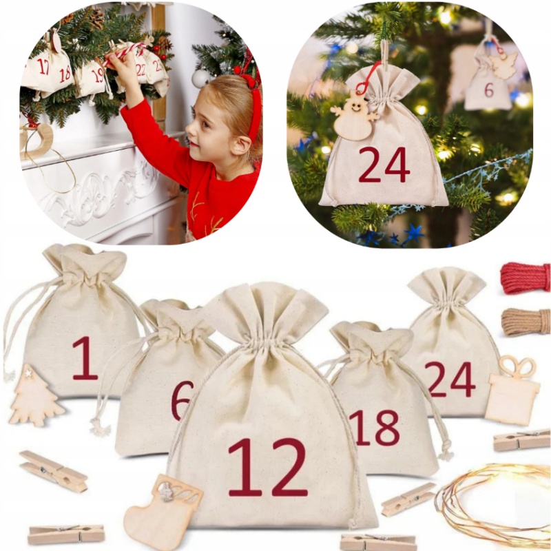 Adventní kalendář, sada 24 prázdných sáčků s čísly, dekorace lampičky