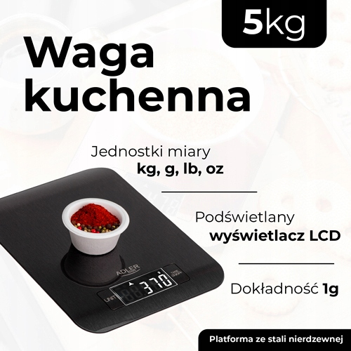 Waga kuchenna Adler AD 3183 - 5kg, dokładność 1g, podświetlany LCD