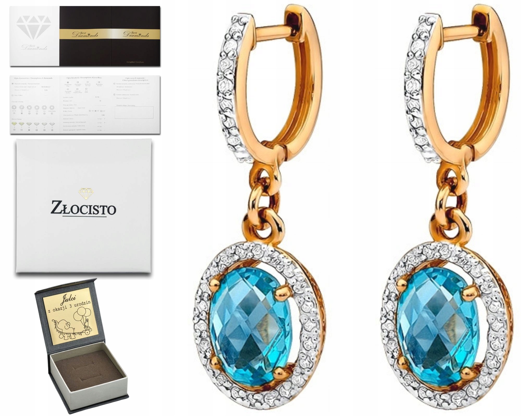 Zlaté Náušnice Z Růžového Zlata Topaz A Brilianty