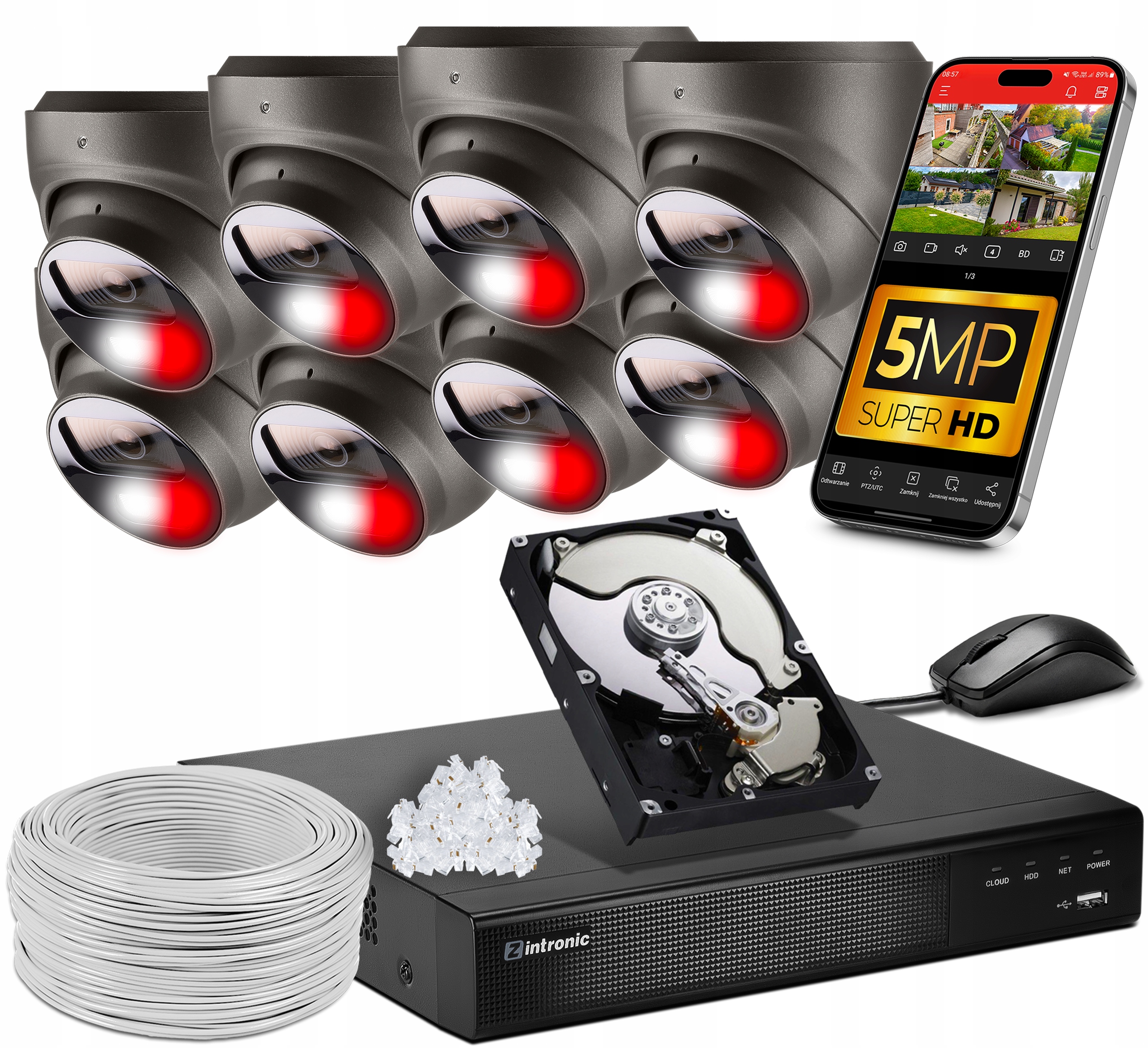 Ip monitorovací sada Poe 5MPx 8 kamer Audio Dual Light šedá Detekce 1TB