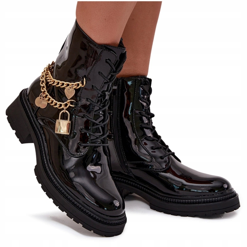 Kotníkové Boty Workery Lakované Zlatým Řetězem Zámek Černé 38