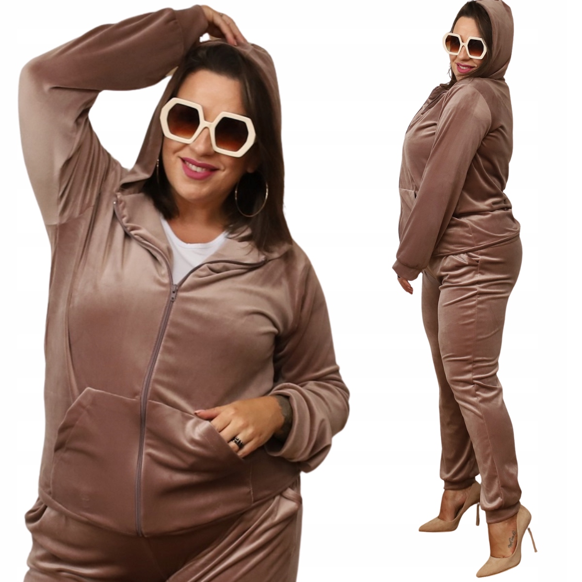 Velurová teplákovka dámská mikina na zip s kapuce 8216 Plus Size cappuccino 3XL