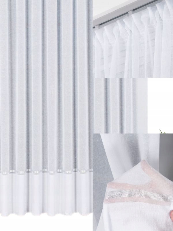 Záclony Bílá Záclona se Vzorem Záclona Se Stříbrným Pruhem S Páskou š.120x260