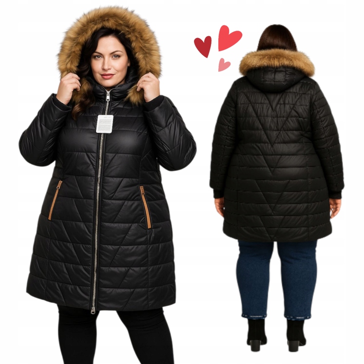 Dámský Prošívaný Kabát Černý zimní bunda s delším oboustranným zipem 4XL