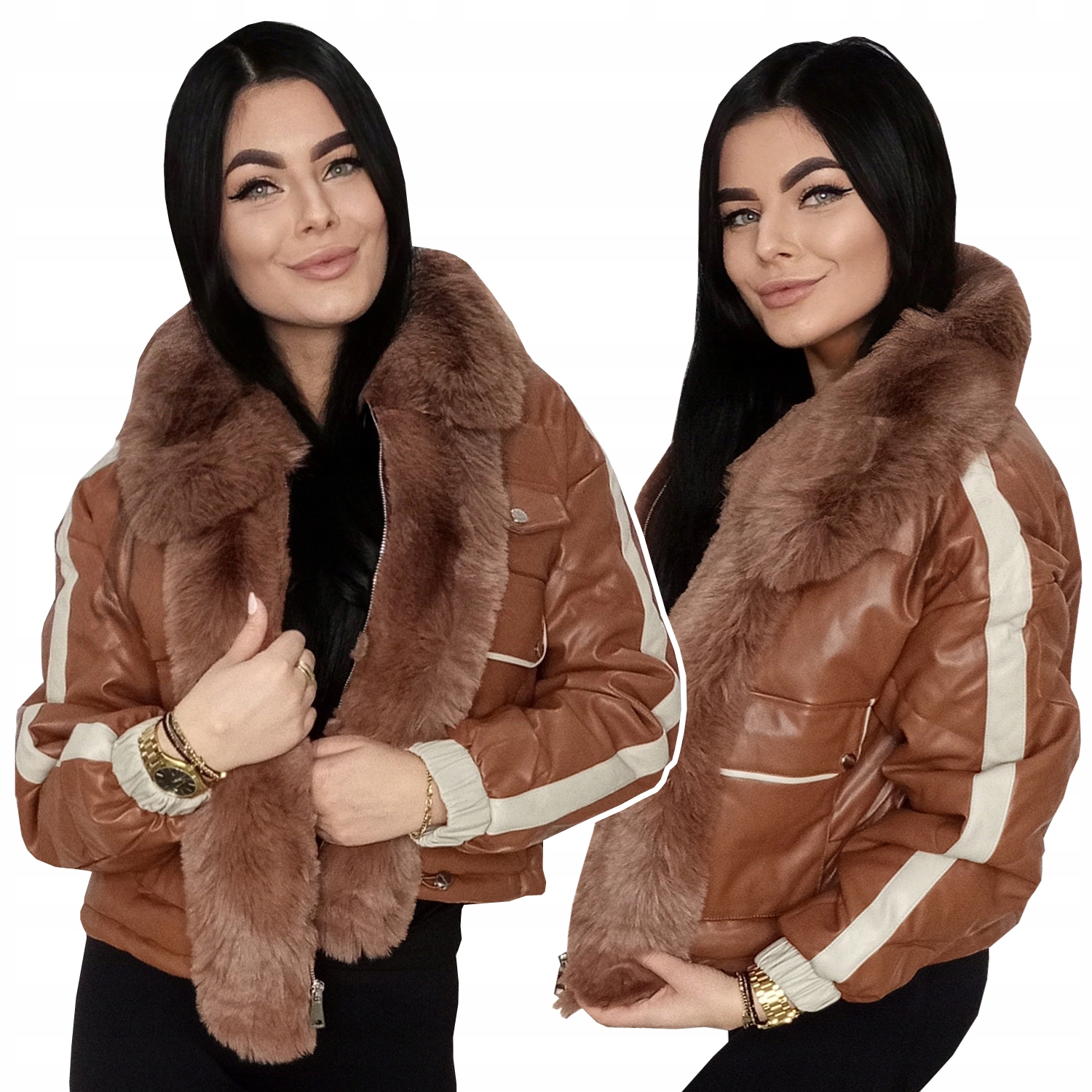 Ramoneska Bunda Z Eko Kůže S Límcem Z Kožešiny Camel