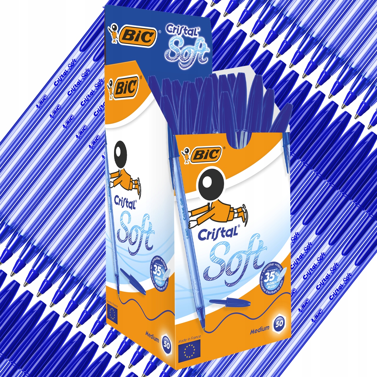 Bic Cristal Soft Długopis Niebieski Ze Skuwką Biurowy Szkolny Zestaw x50