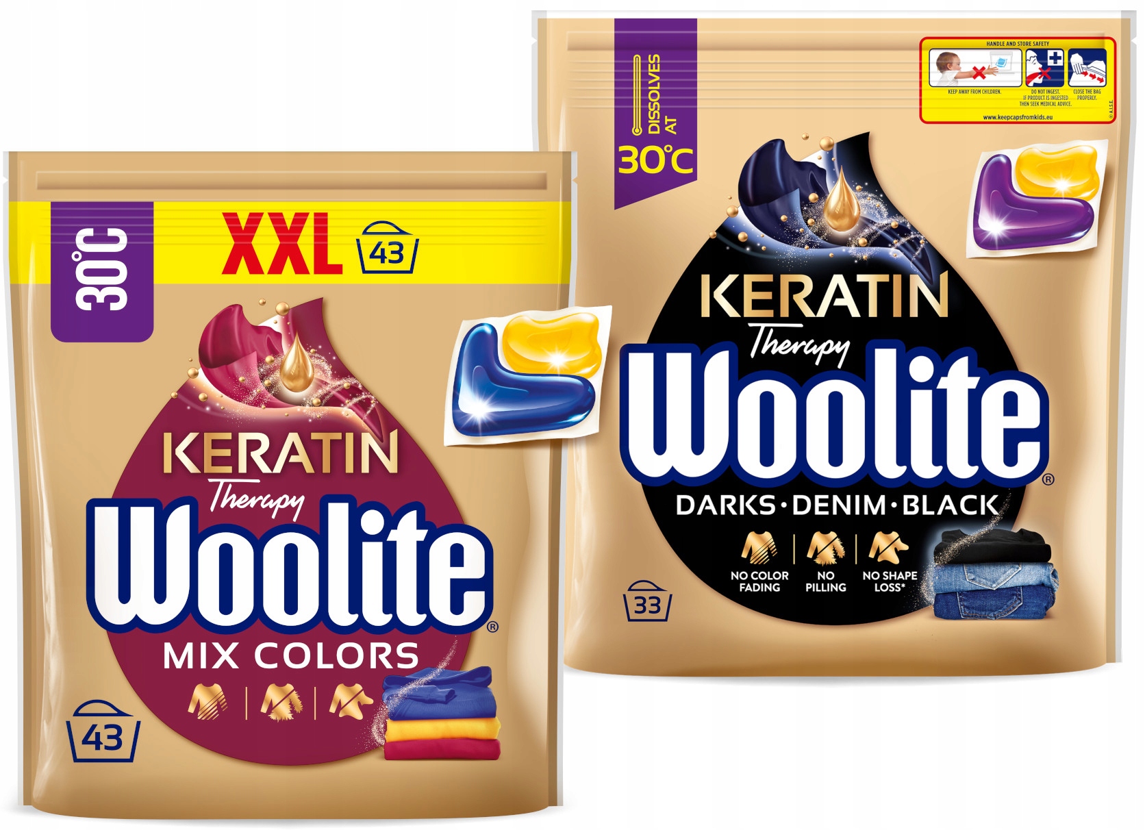 Levně Woolite Kapsle na praní barev a černé barvy s keratinem, sada 76 kusů