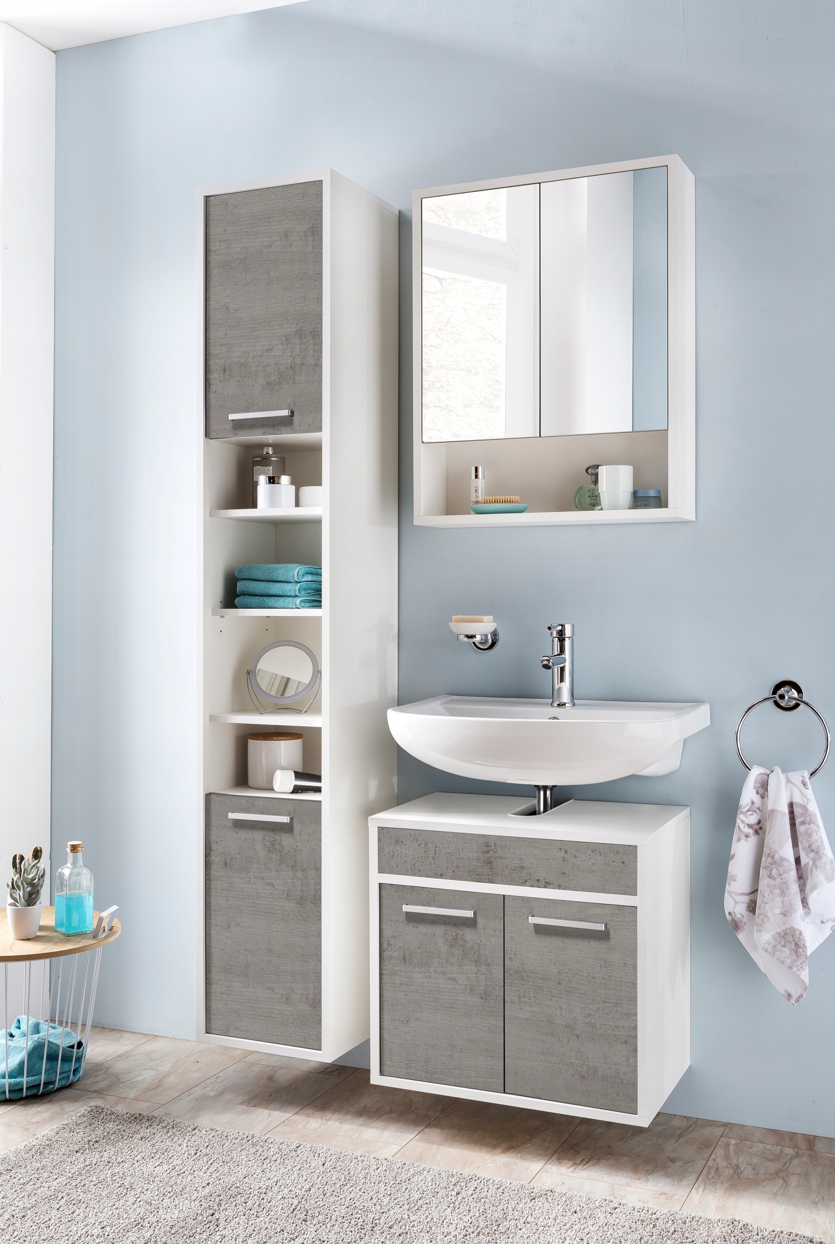 SZAFKA ŁAZIENKOWA Z LUSTREM WISZĄCA NAD UMYWALKĘ BIAŁA SUNSET 57x72x16 Głębokość mebla 16 cm