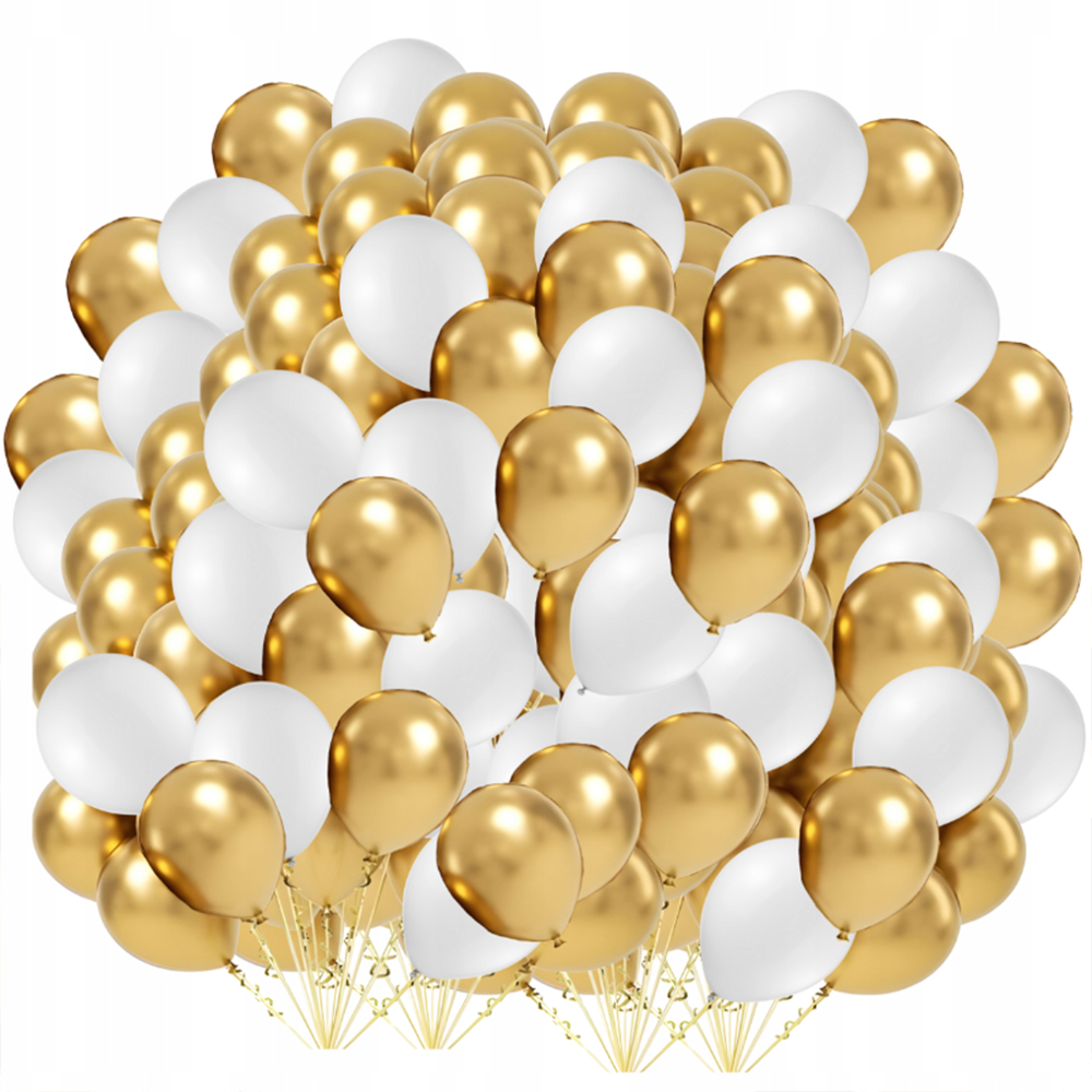 BALONY WESELE BIAŁE ZŁOTE CHROMOWANE ZESTAW BALONÓW KOMUNIA 100 SZT GRATIS