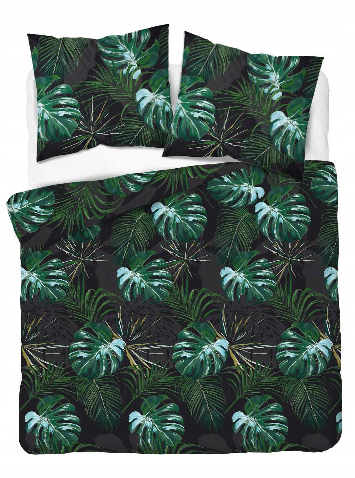 Komplet Pościeli 220x200 Satyna Bawełniana Zielone Liśice Monstera 4680A