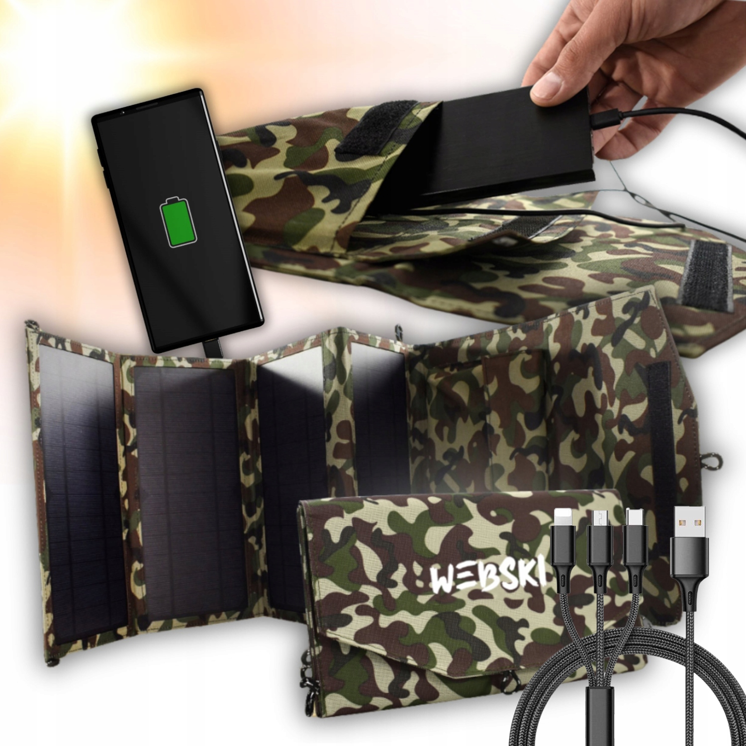 Turistická Solární Nabíječka, Výkonná Podložka 20W 2XUSB Kabel 3V1