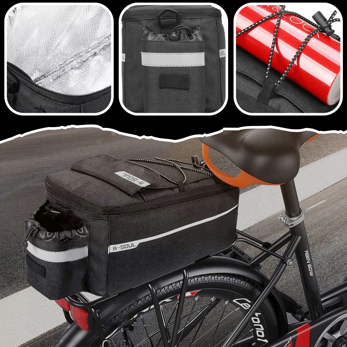 TORBA ROWEROWA TERMICZNA NA BAGAŻNIK ROWER SAKWA ODBLASKOWA KUFER 9L BIDON Wysokość 16 cm