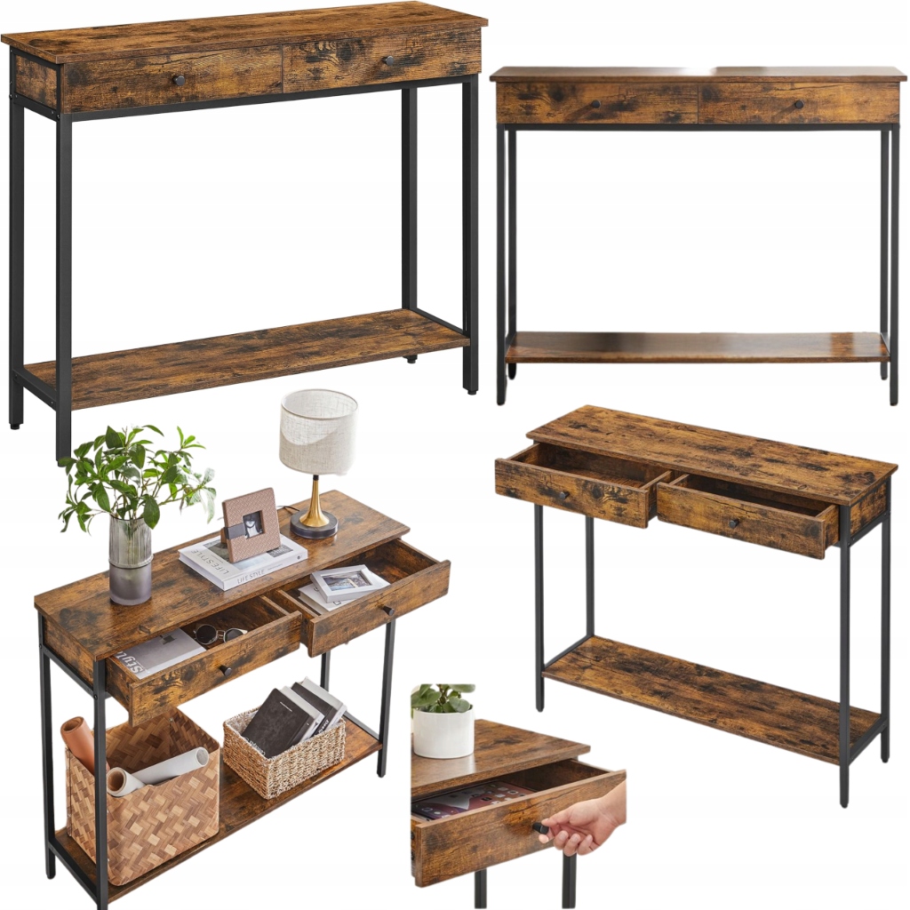 Konzola s 2 zásuvkami 100 x 30 cm Stôl Úzky Loft Kovový Rustikálny Bronz