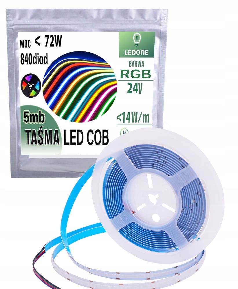 Led pásek Cob barevná linka Rgb 24V 840diod 14,4w/m neonový úsek role 5 m