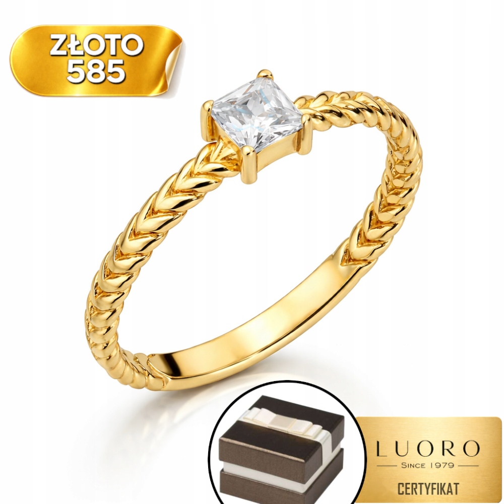 Prstýnek 585 14K Pletený, Čtvercový, Elegantní Kámen R19