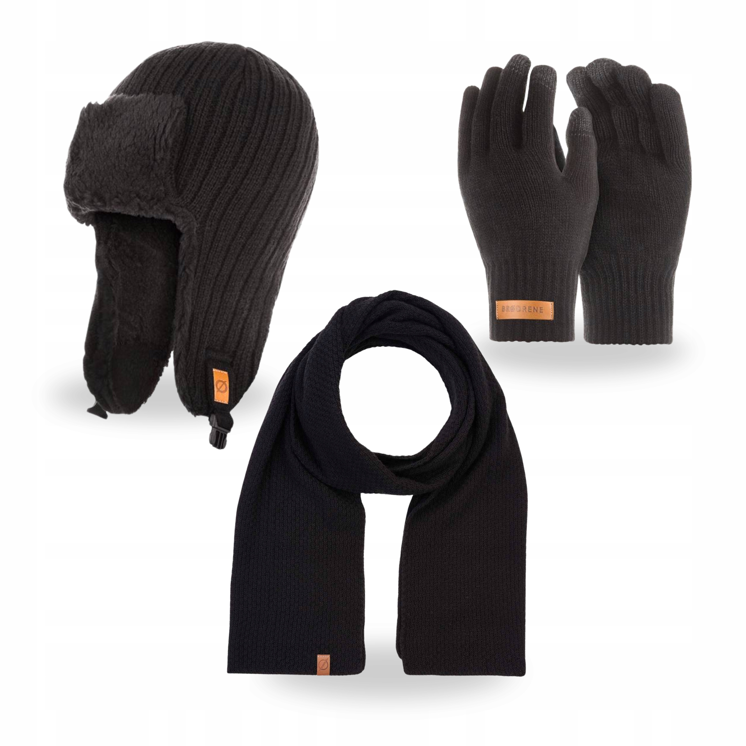 Zimní Pánská Sada Čepice Ušanka, Dlouhá Šála a Rukavice Brodrene Černá
