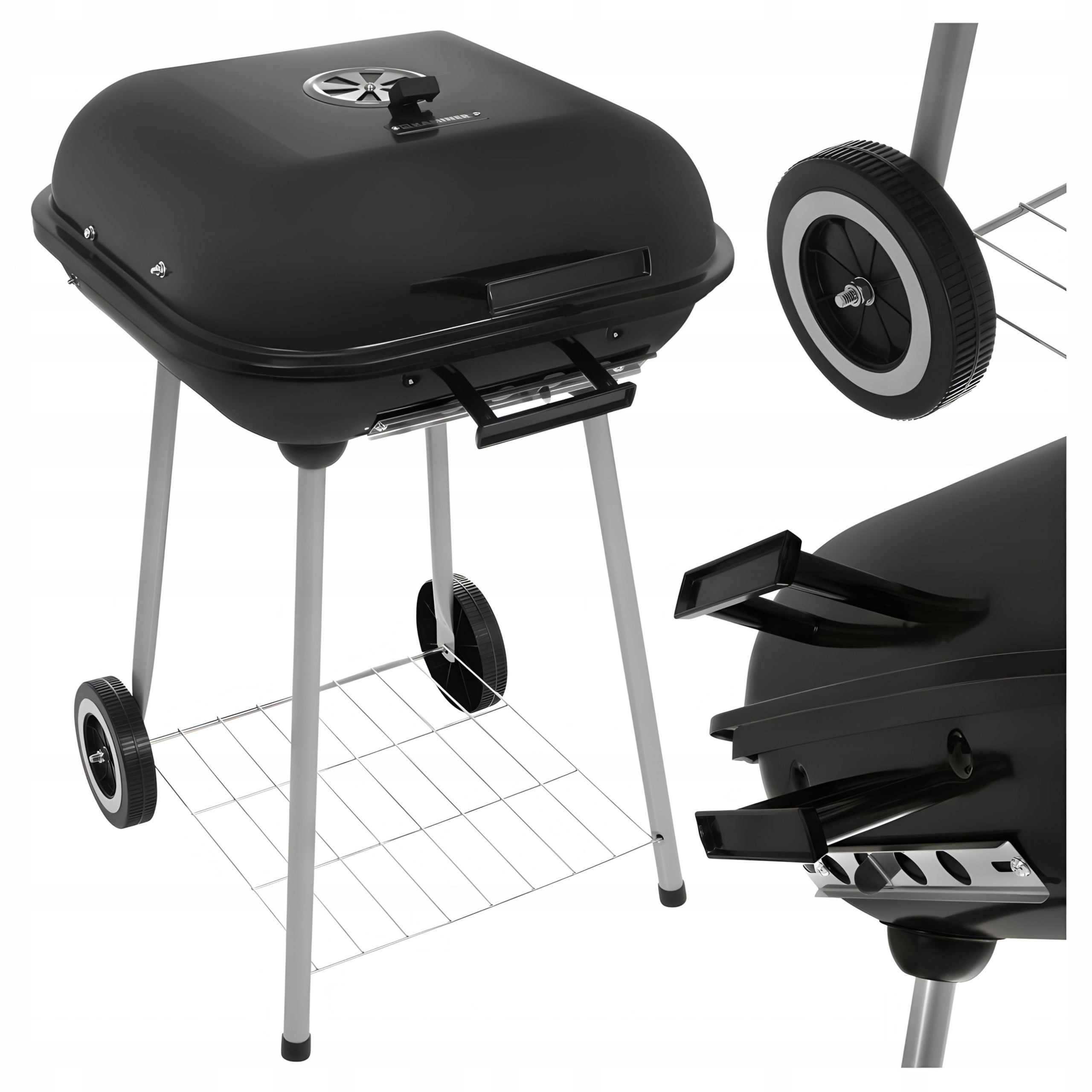 Grill Węglowy Ogrodowy na Brykiet Okrągły Przenośny z Pokrywą na Kółkach
