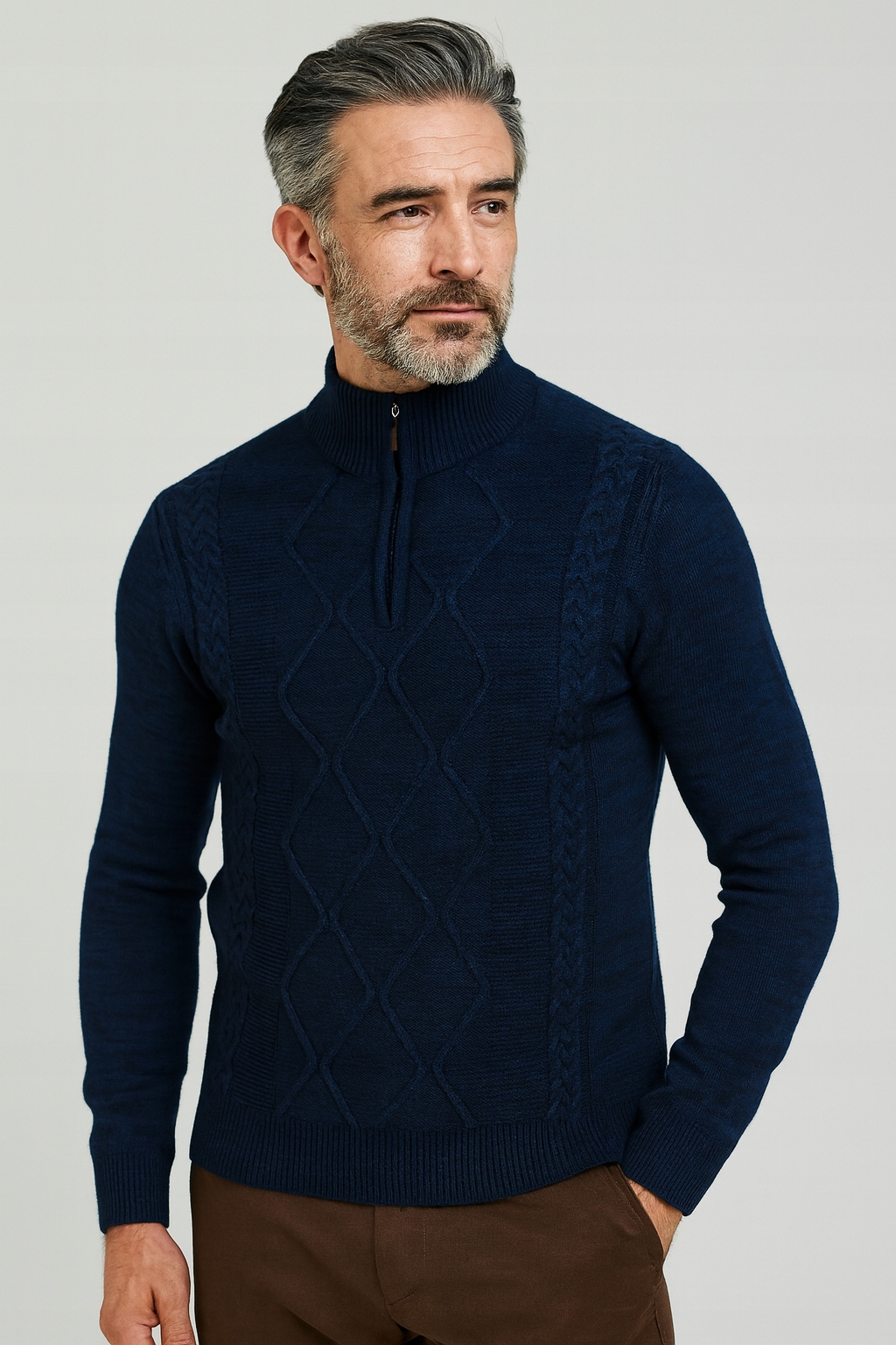 Pánský Svetr Połgolf 8157 modrý, vlněný, teplý zip, dárek k Vánocům