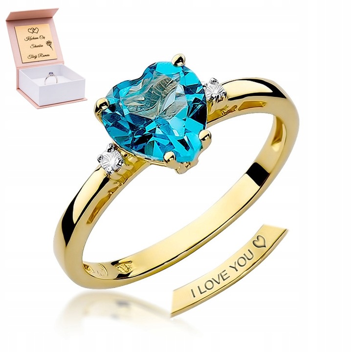 Zlatý 585 Prstýnek Srdce Velký Topaz a Diamanty Velikost 23