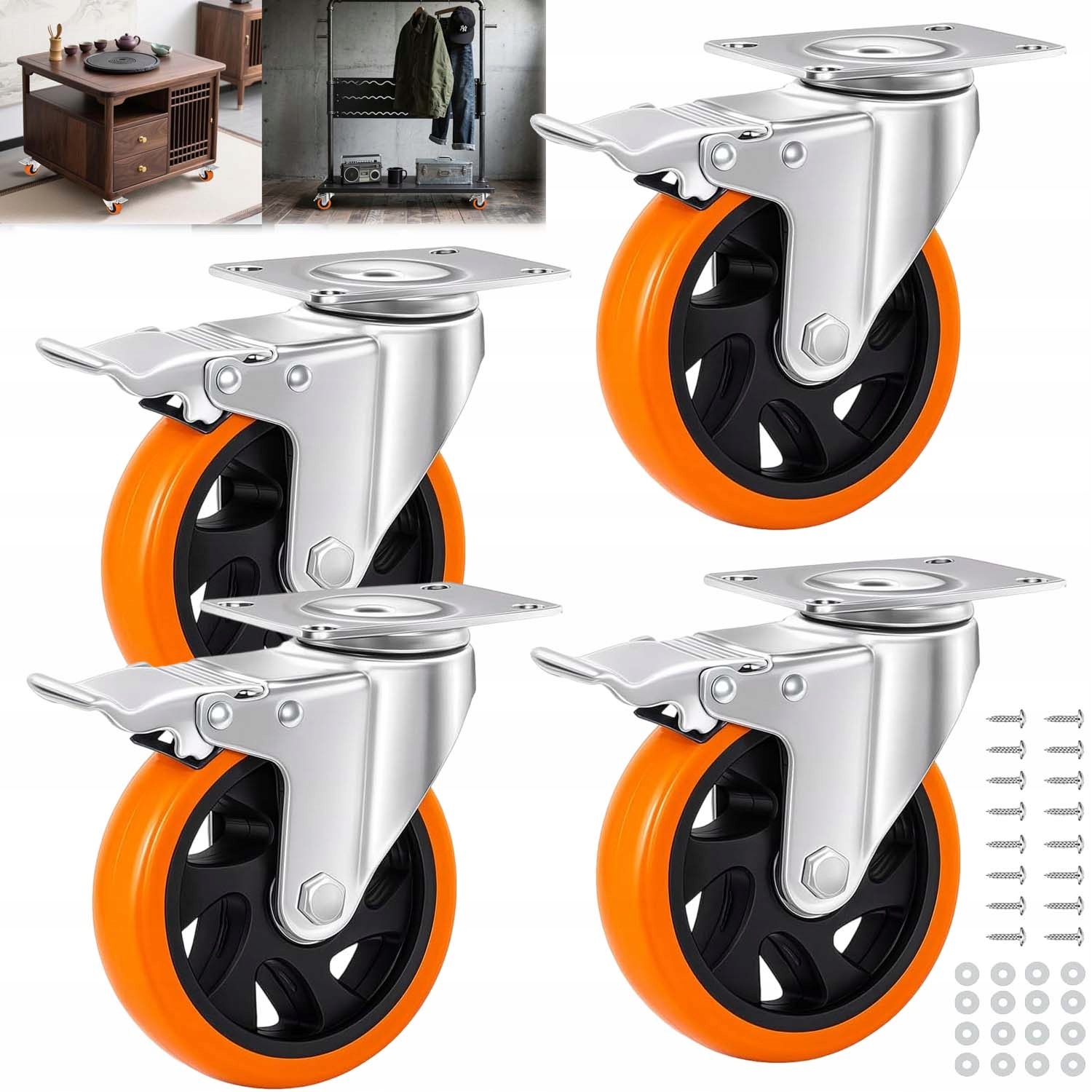 4 X Otočná Pojezdová Kolečka 100 MM S Brzdou, Transportní Kolečka Do 360 Kg
