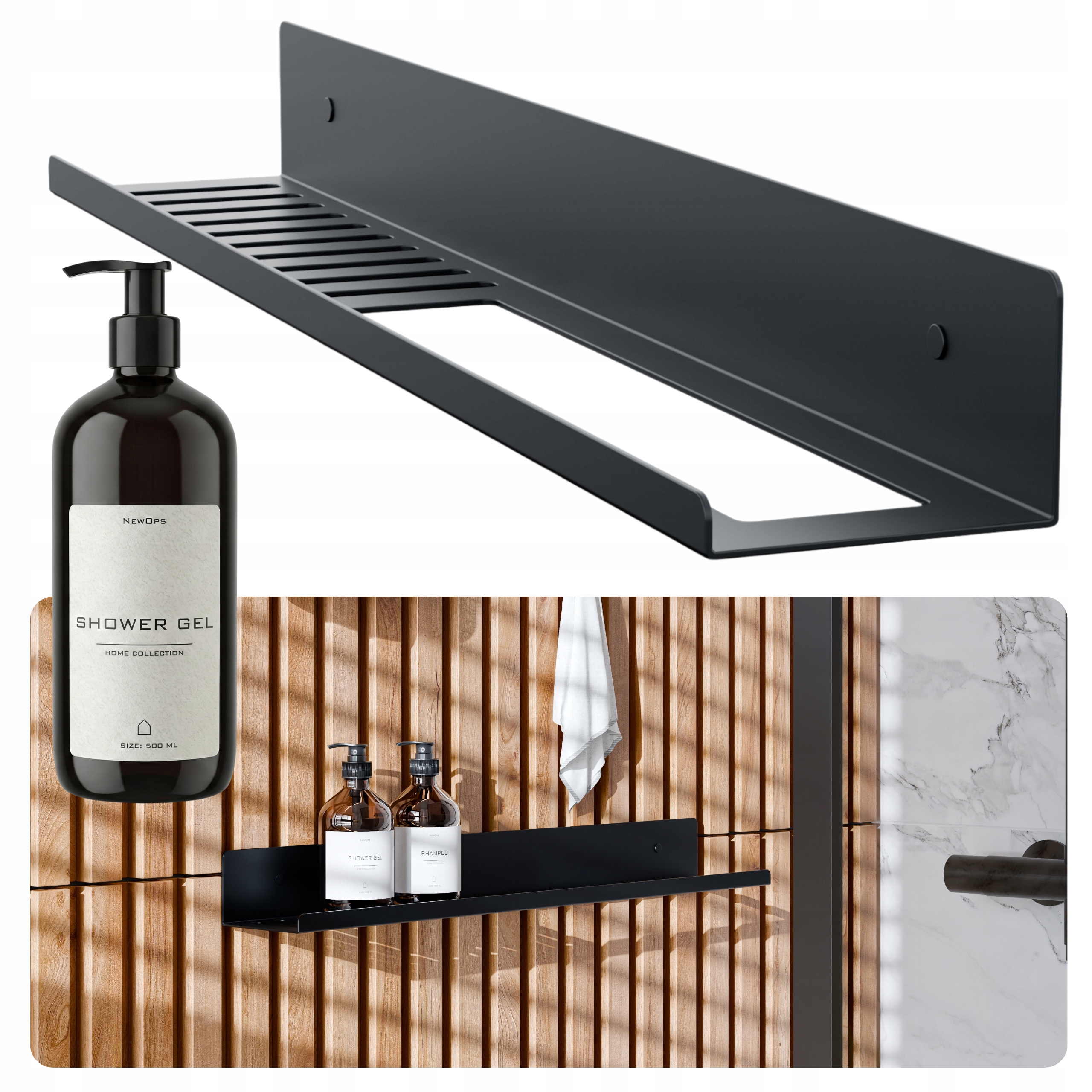 Koupelnová Polička Černá S Věšákem Na Ručník Loftová 68 cm Dlouhá Kovová