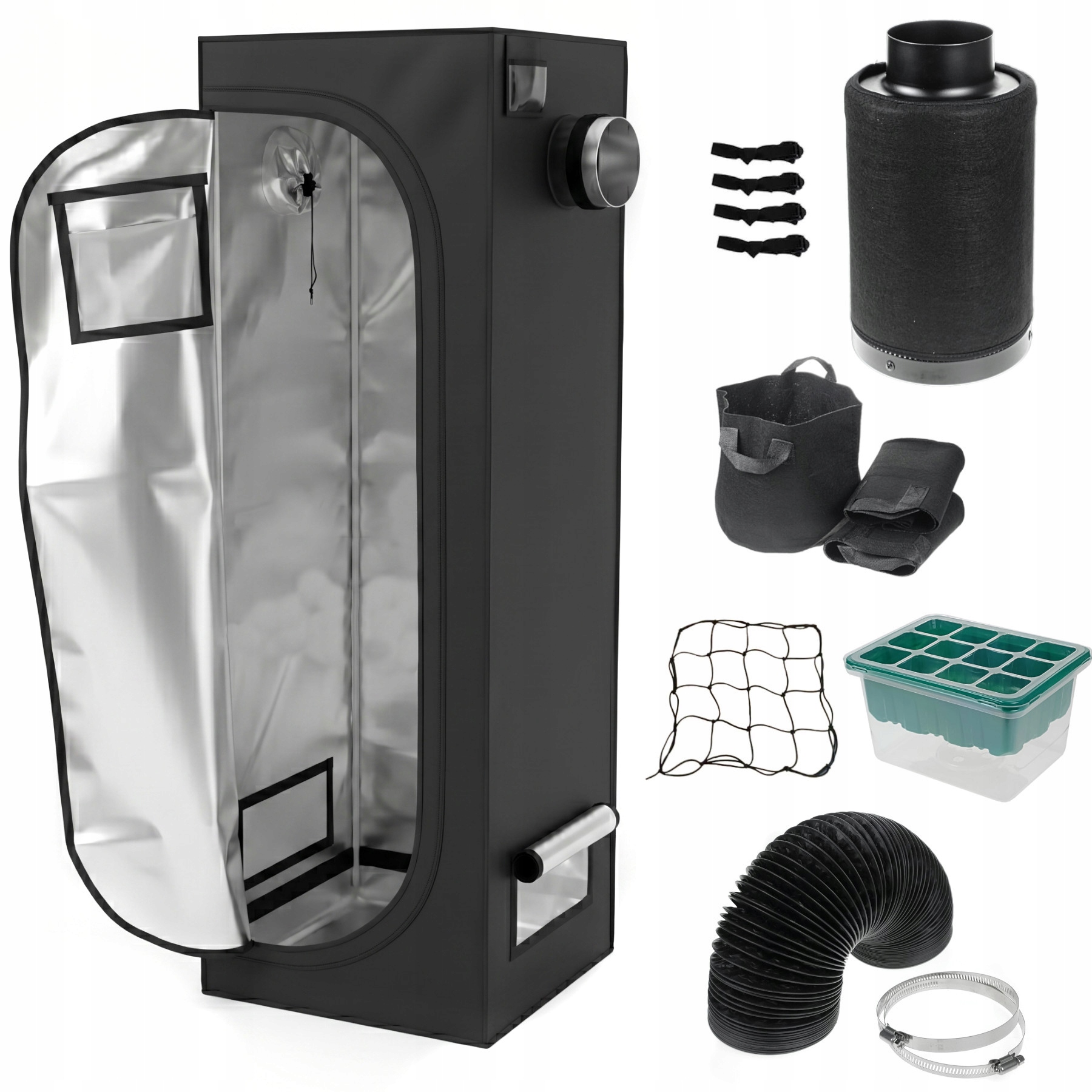 Namiot do uprawy roślin 60x60x180 cm GrowBox uprawowy Filtr Akcesoria 1680D