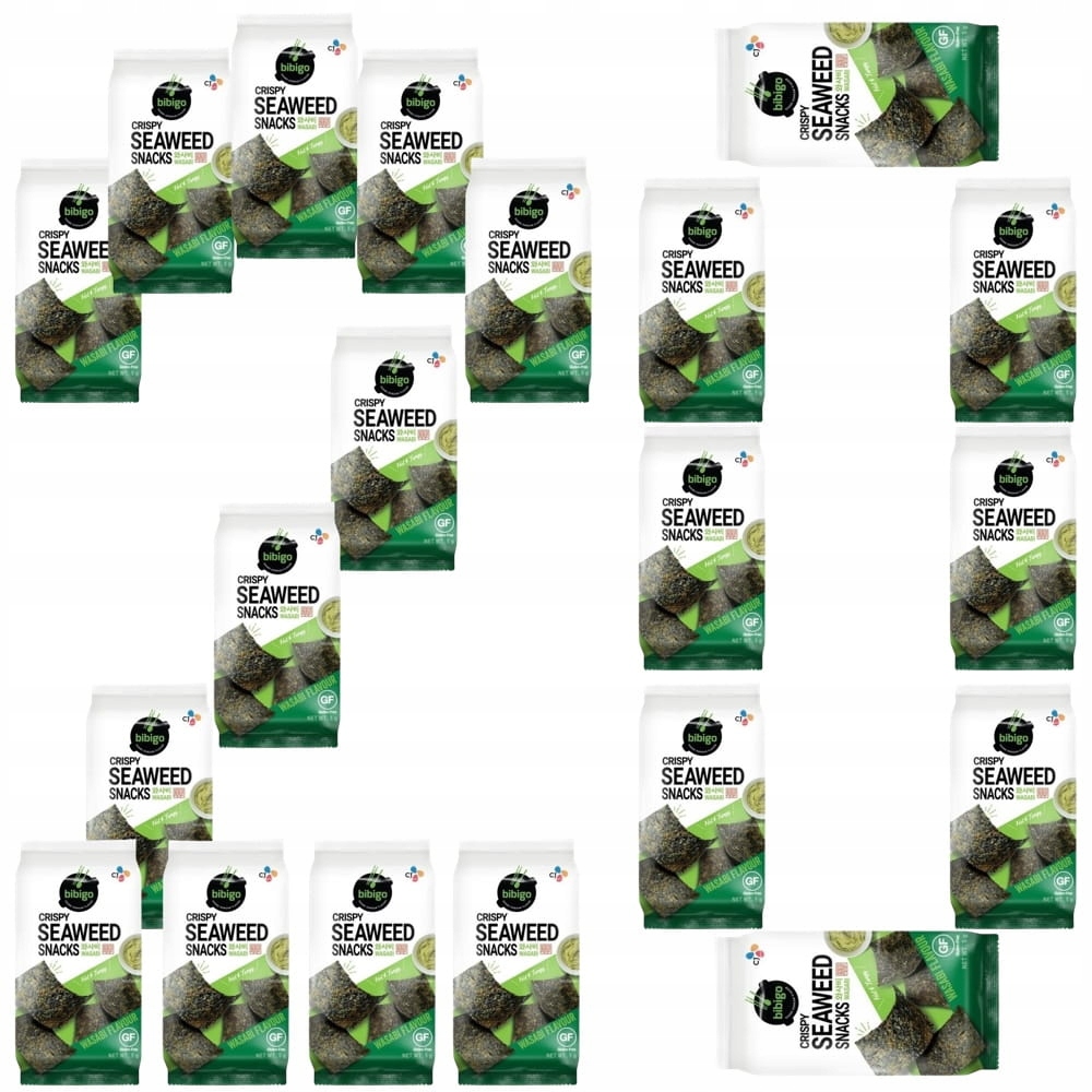 20 x Nori Snacks Korejská Křupavá Svačinka Pražené řasy Wasabi 5g Bibigo