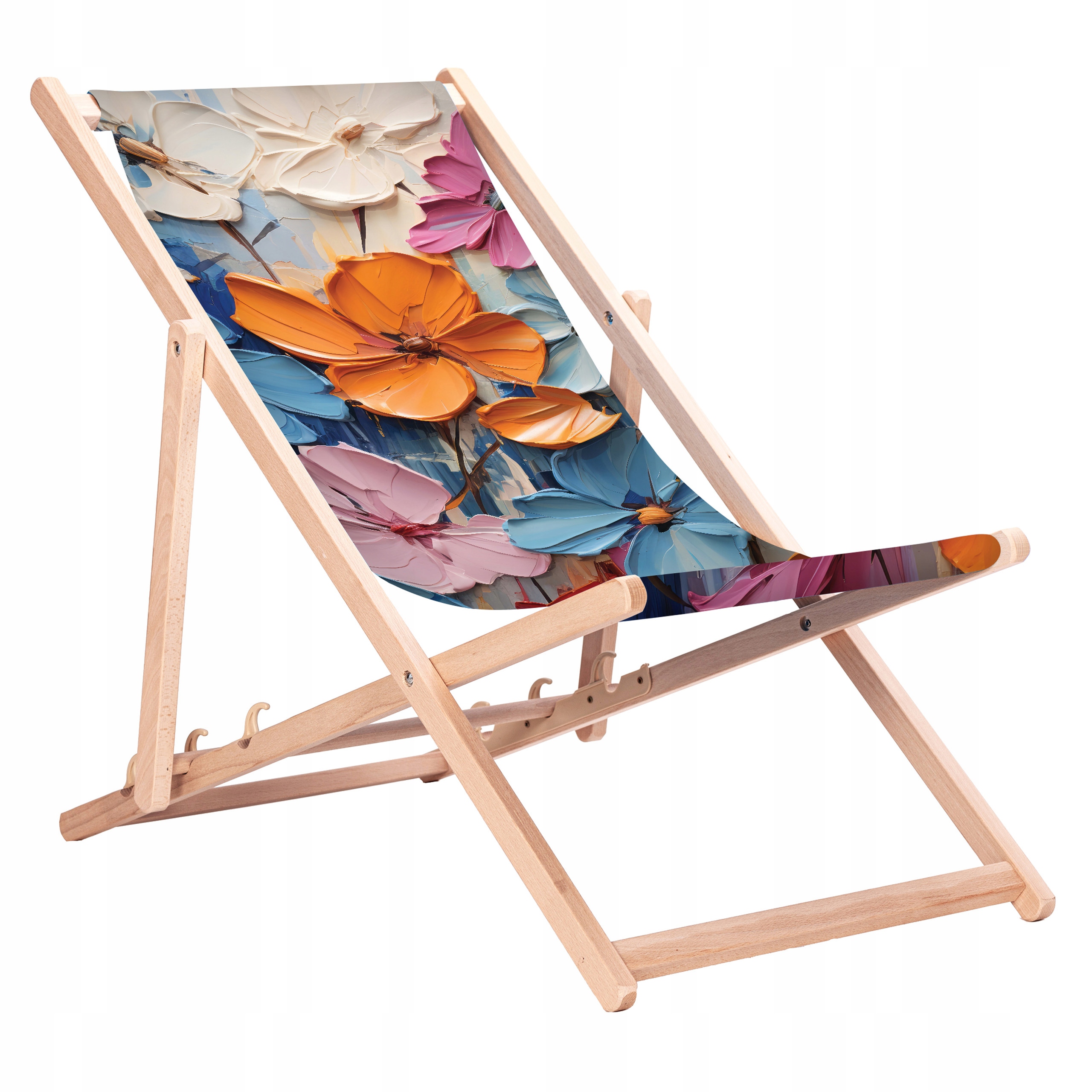 Leżak Drewniany Plażowy z Nadrukami Kwiaty 3D Bukowe Leżaki KN130