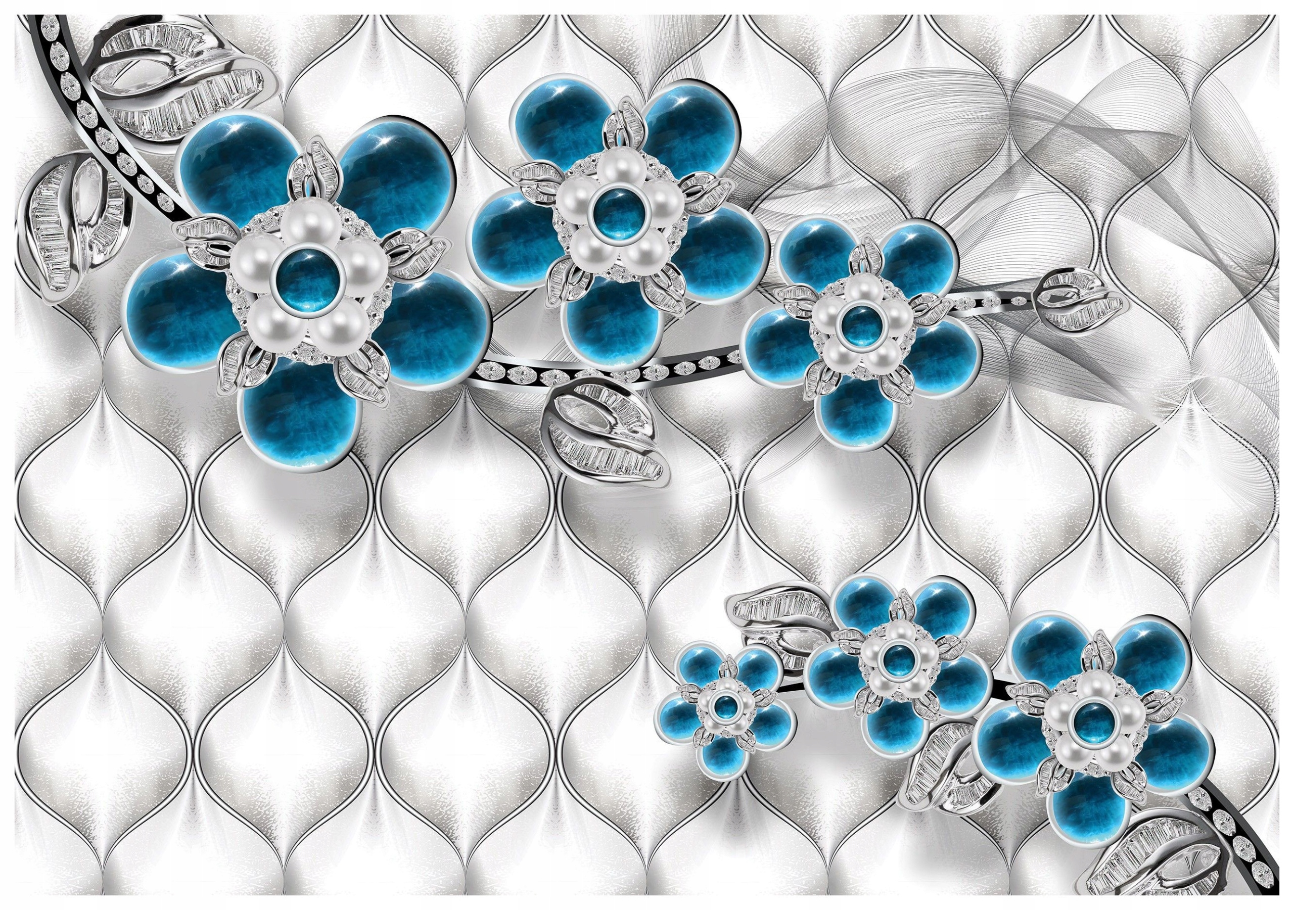 Fototapeta flizelina 3D Květiny Tyrkysová Stříbro Diamanty Luxus 350x250 lepidlo