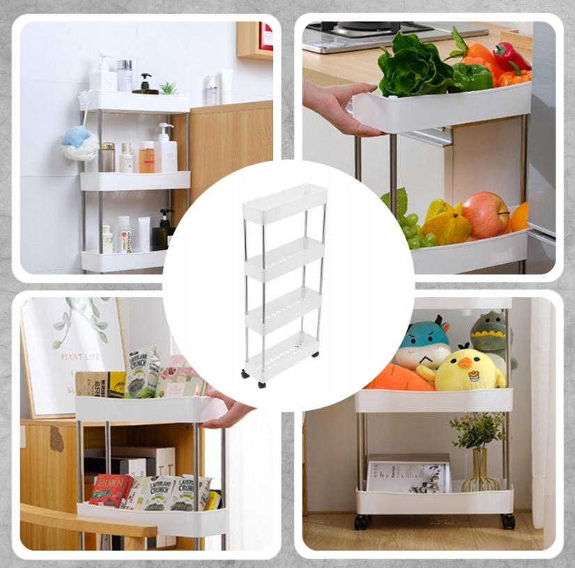 PÓŁKA ŁAZIENKOWA KUCHENNA SZAFKA NA KÓŁKACH REGAŁ 4 POZIOMOWY Z HACZYKAMI Kolor mebla biały