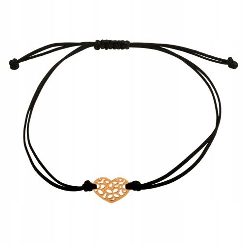 Zlatý 585 moderní náramek se srdíčkem, na provázku, černý.