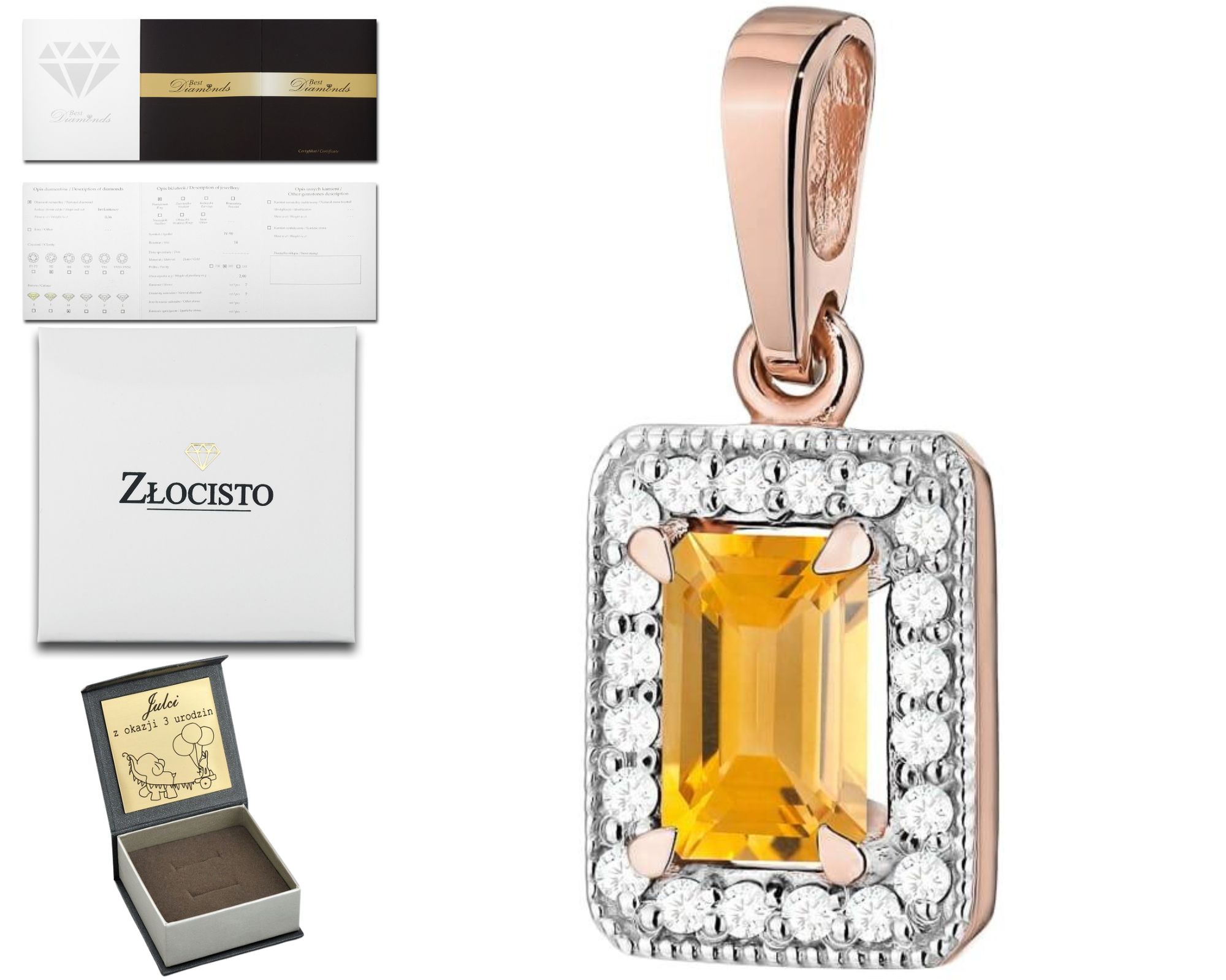 Růžové Zlato Přívěsek Přírodní Kámen Citron Brilianty 585 Dárek