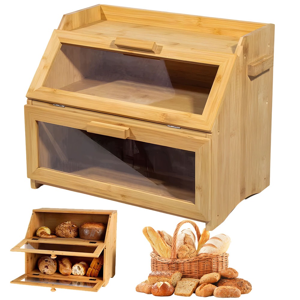 Dvoupatrový bambusový chlebník 39x32x25 cm s průhledným okénkem – zásobník na pečivo