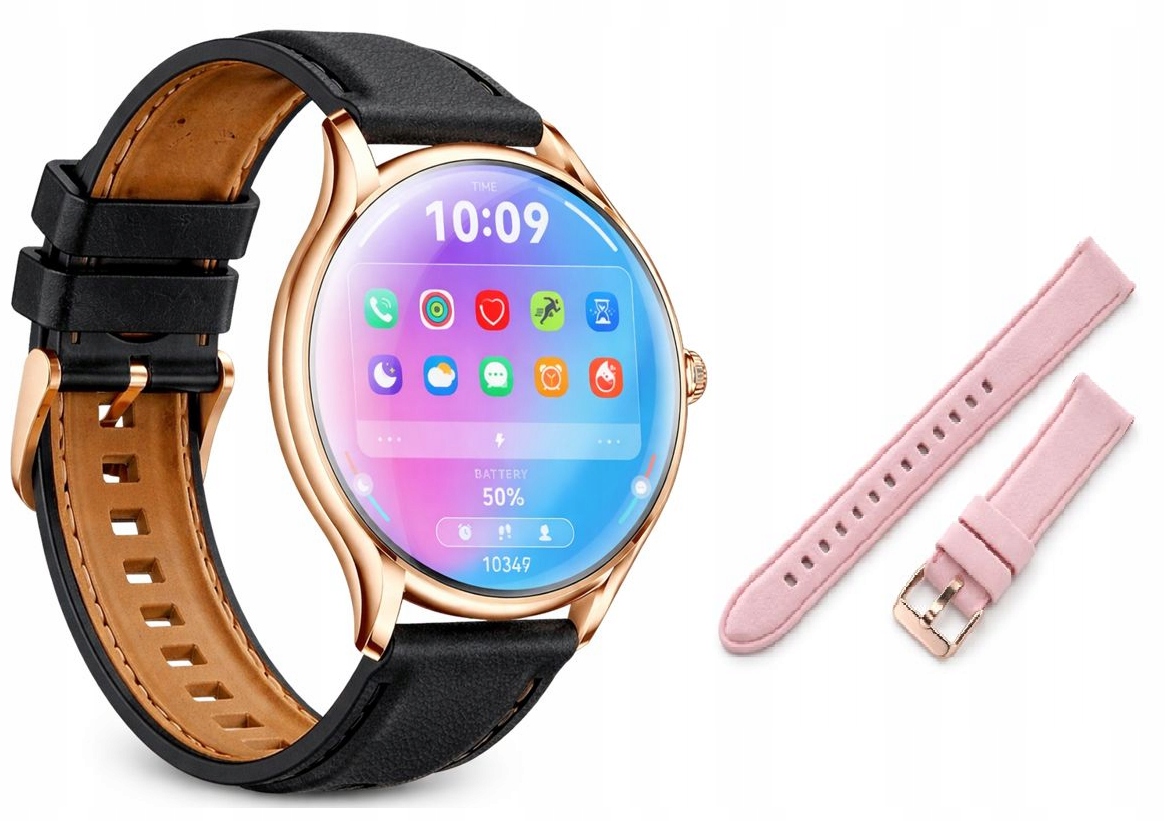 Smartwatch damski czarny, złota tarcza dużo funkcji pasek różowy
