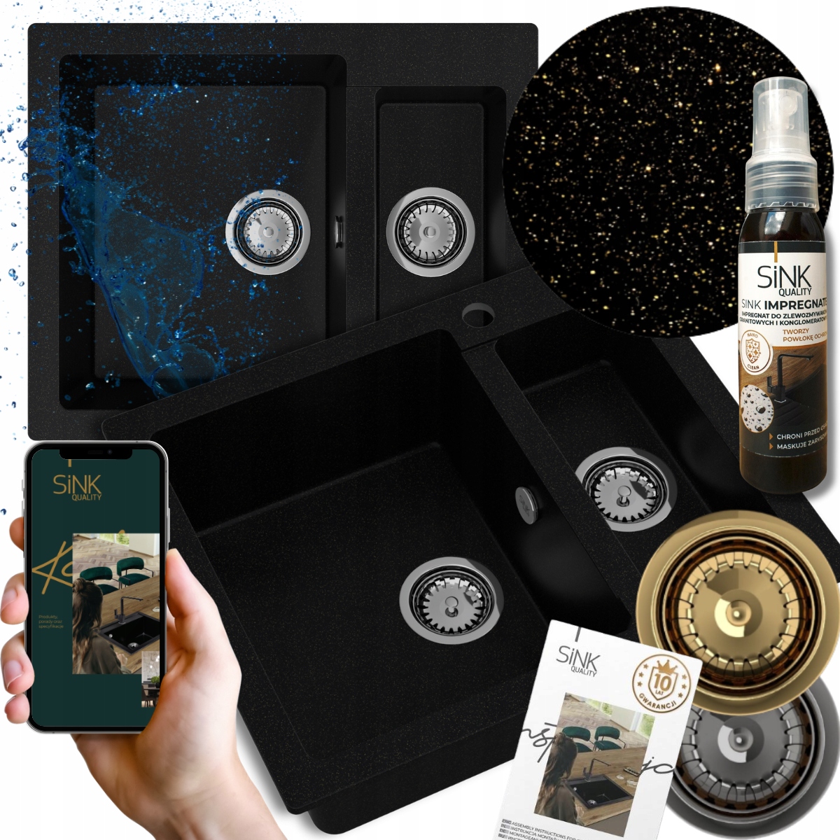 Dřez půlkomorový Granitový Zlatý metalik 60 cm Sifon Manual