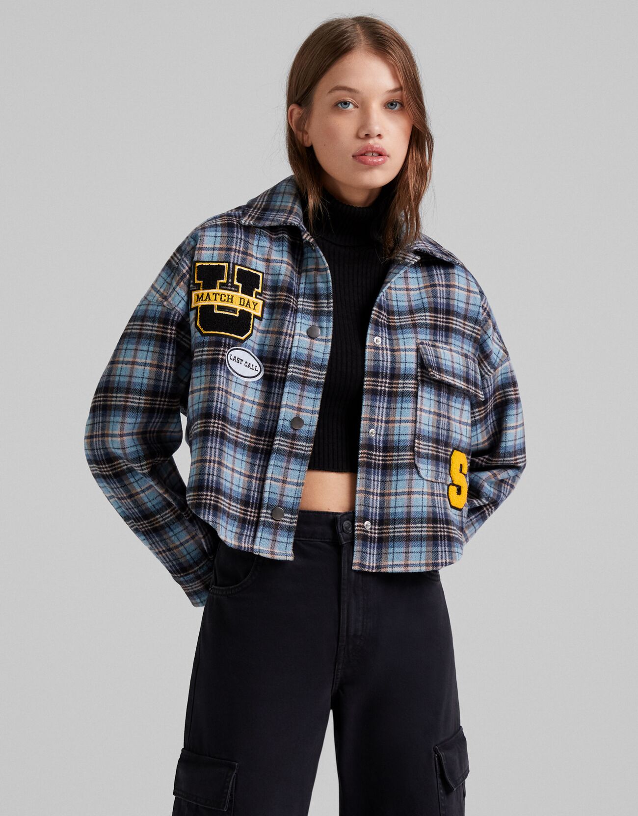 

Bershka_koszula Wełna Naszywki Kratka 6520692 R.m