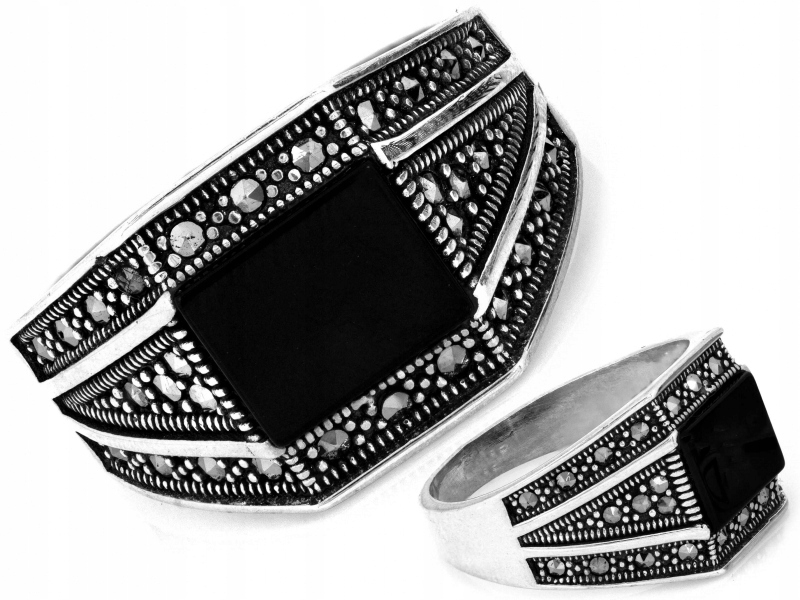 Stříbrný prsten 925, černé kameny, oxidovaná frézovaná lišta 7.50g R28