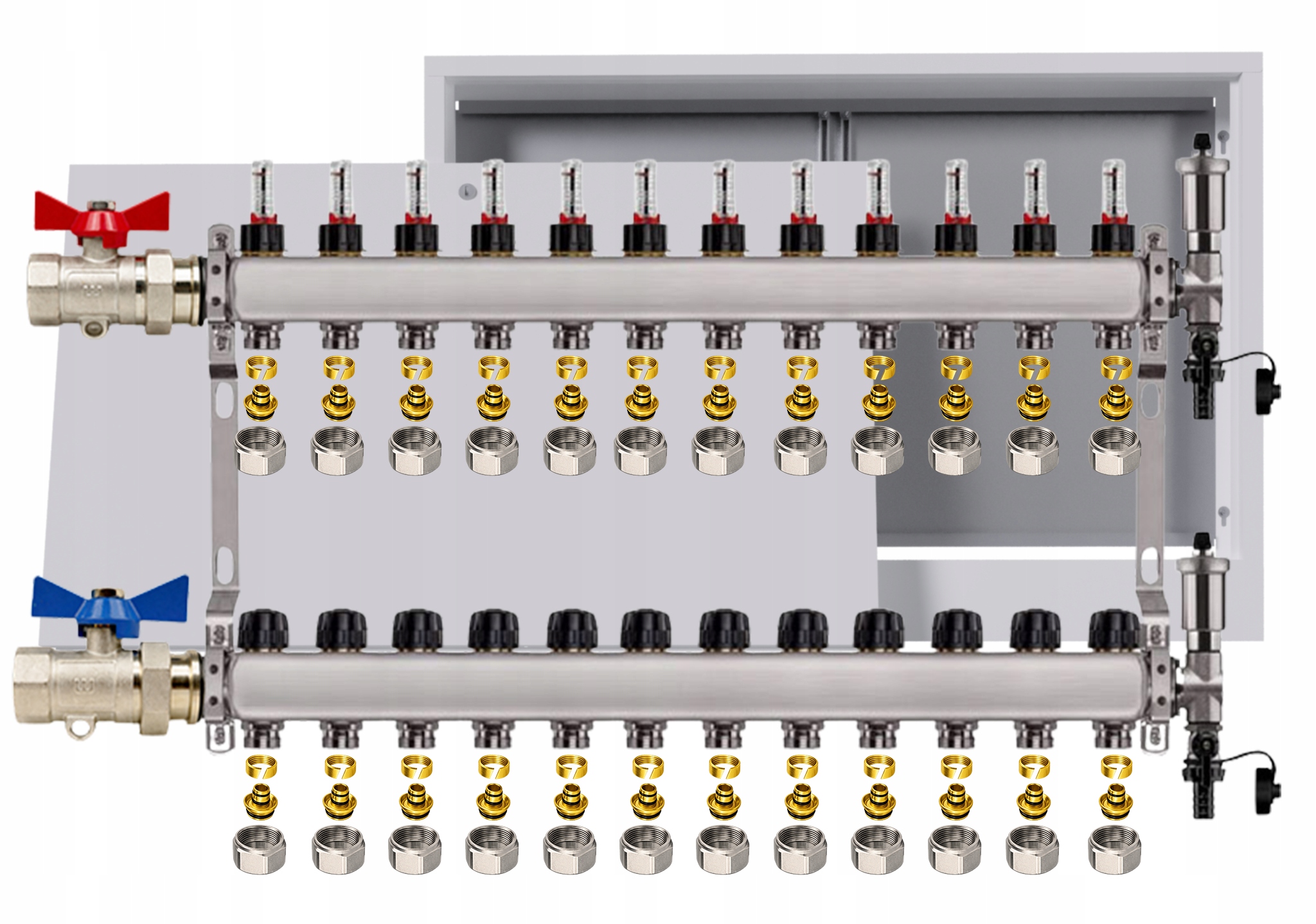 Nerezový rozdělovač pro podlahovku 12 okruhů nástěnná skříňka Pex