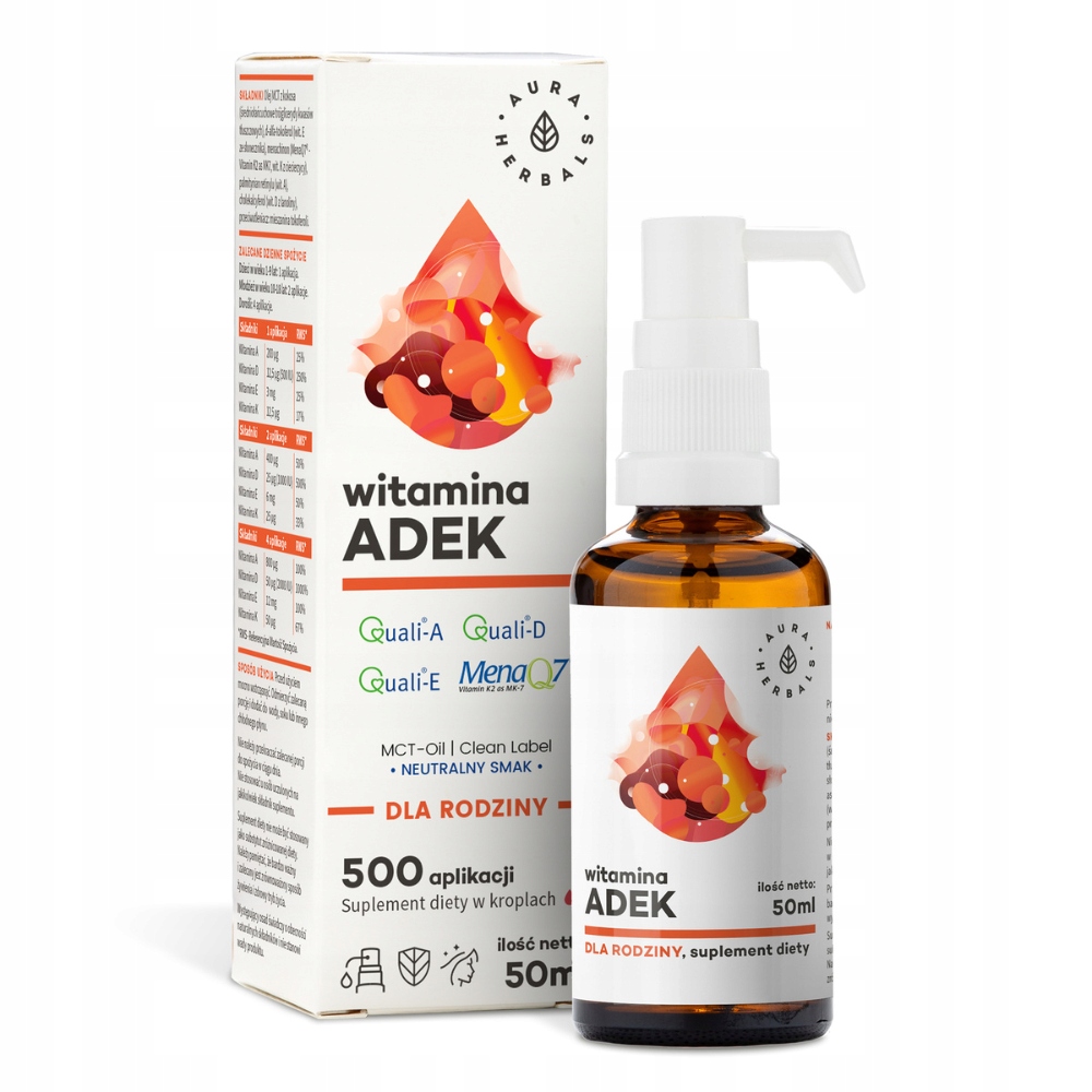 AURA HERBALS WITAMINA ADEK A+D3+E+K2 MK7 KROPLE ODPORNOŚĆ KOMPLEKS WITAMIN