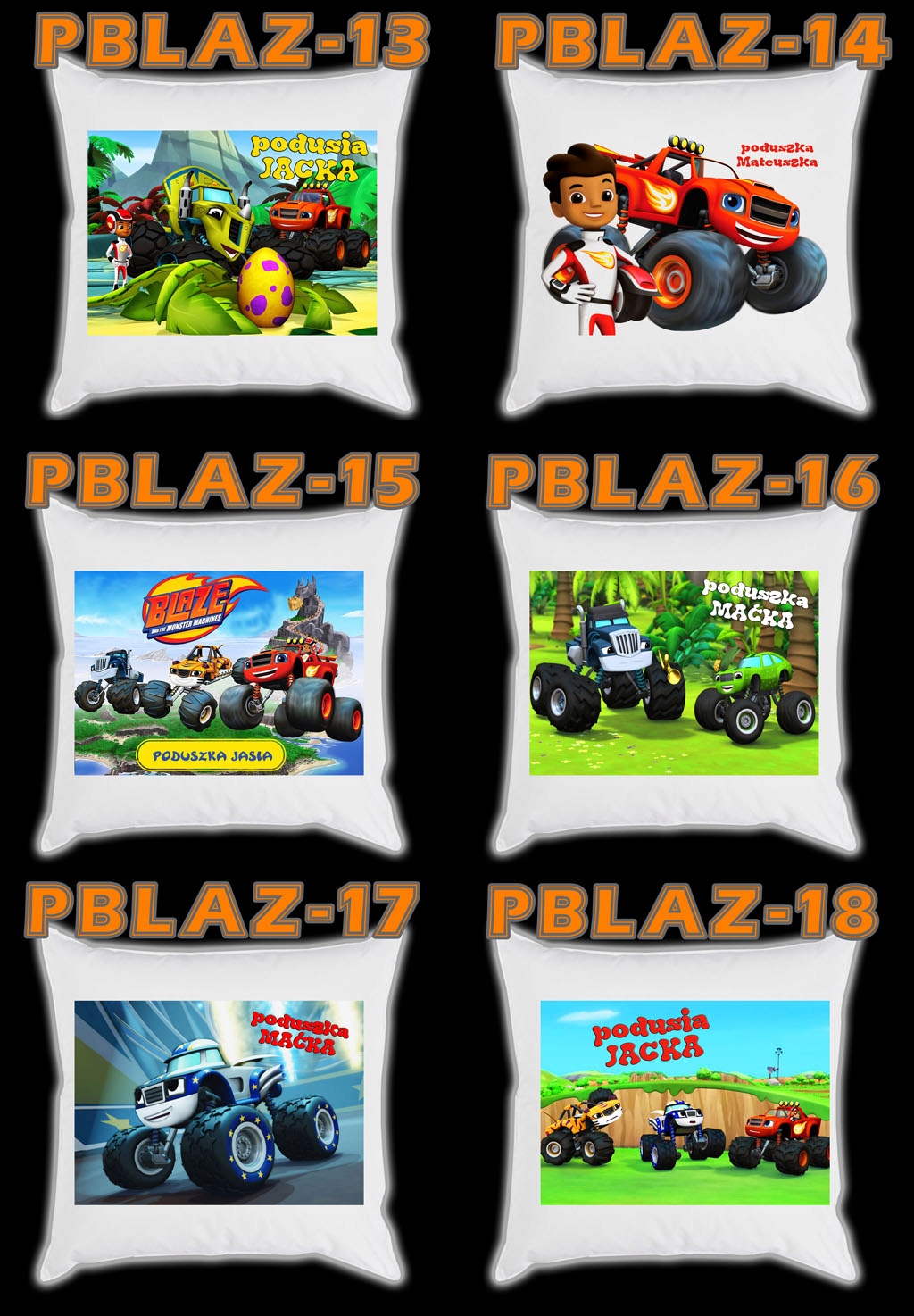 PODUSZKA BLAZE I MEGA MASZYNY + IMIĘ DZIECKA GIFT Długość 40 cm