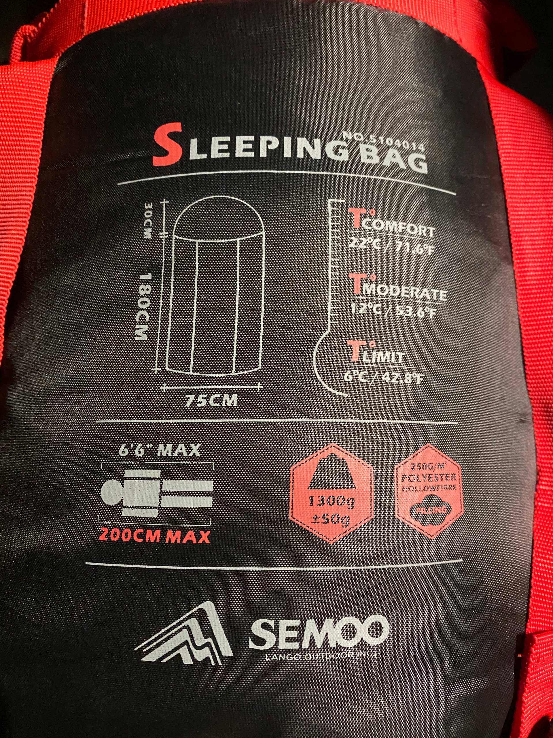 Śpiwór SEMOO 250g/m² 210 x 75 cm 1300g Rodzaj syntetyczne