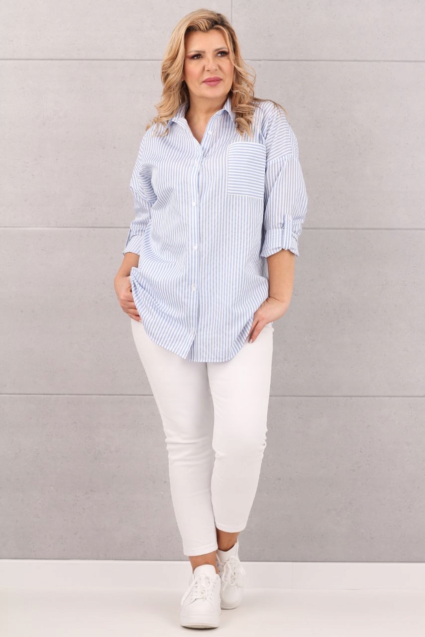 BAWEŁNIANA KOSZULA DAMSKA OVERSIZE WZÓR W PASKI LUŹNA DUŻE ROZMIARY Rozmiar 42