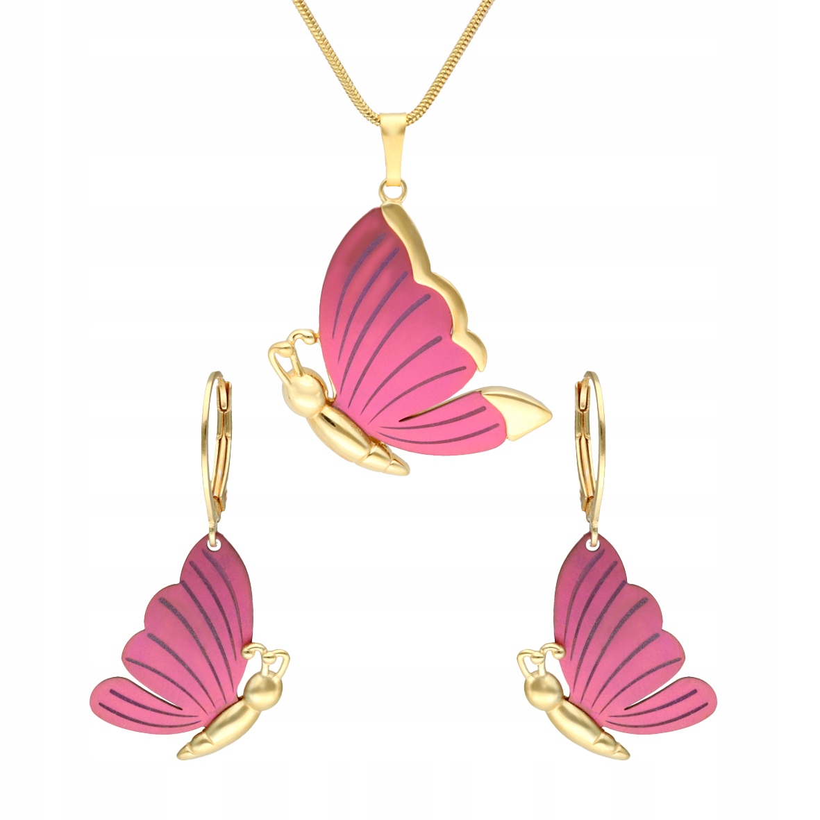 Komplet motýlů fialový titan stříbro pozlacený